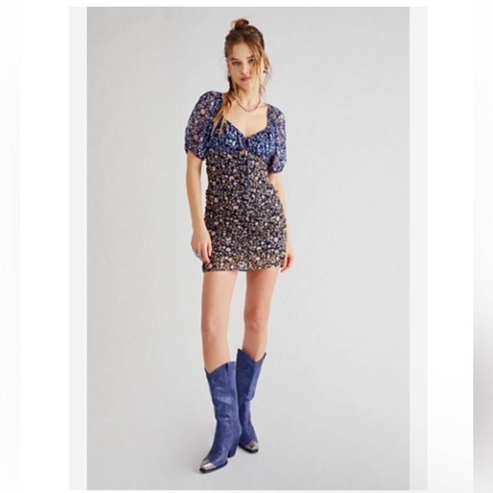 Free People revolve tessa babydoll 2 tone Navy Floral Dress with Tie Back ruched